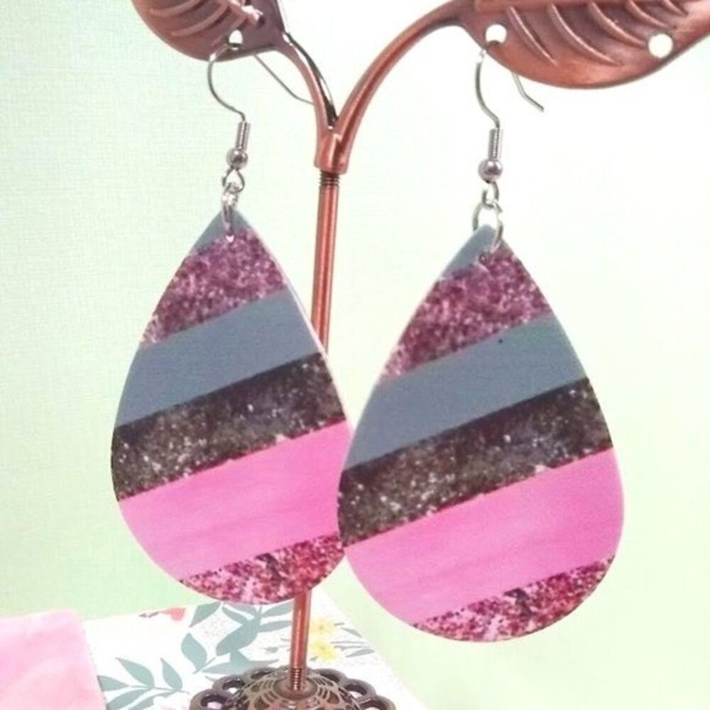 Pink & Gray  Sparkle Stripes Teardrop Earrings